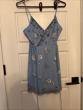 Altar'd State Light Blue Beaded Spaghetti Strap Mini Dress